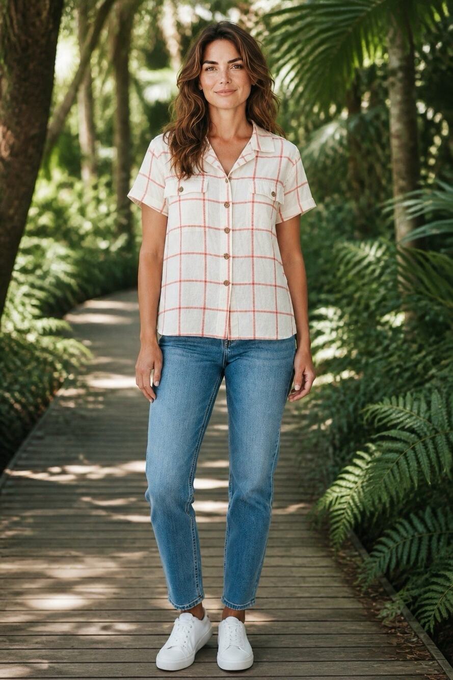 Duluth Trading Co Women's M Cream Peach Windowpane Plaid Artisan Hemp Camp Shirt